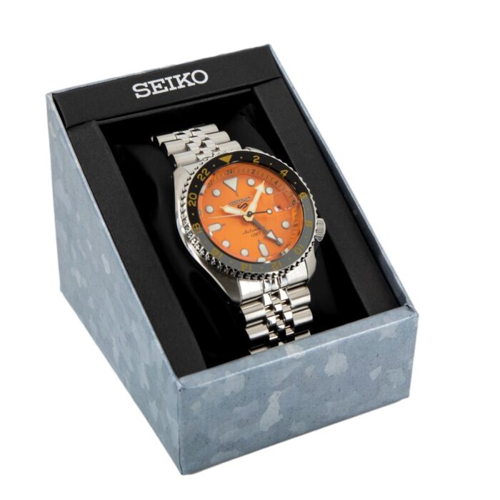 Seiko 5 Sports GMT Automatic Orange Dial Silver Steel Strap Watch For Men - SSK005K1 - Image 3